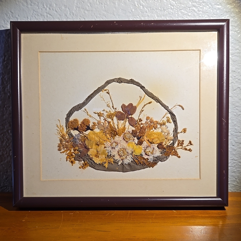 Vintage Floral Pressed Floral Art Basket of Flowers  10.5"X9"